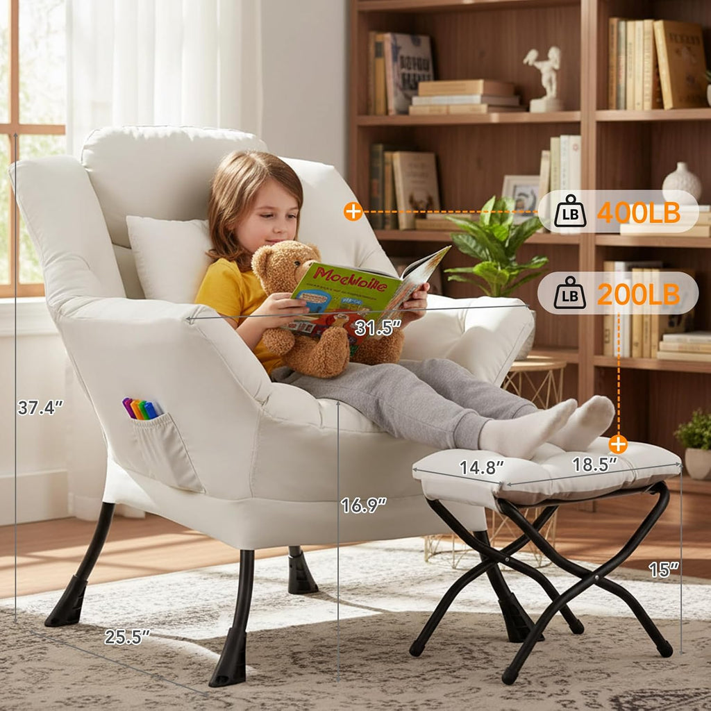 Lazy Chair with Ottoman, Large Accent Chair with Ottoman and a Throw Pillow, Beige Reading Chair for Living Room Bedroom Dorm Room Office Apartment Relaxing Use