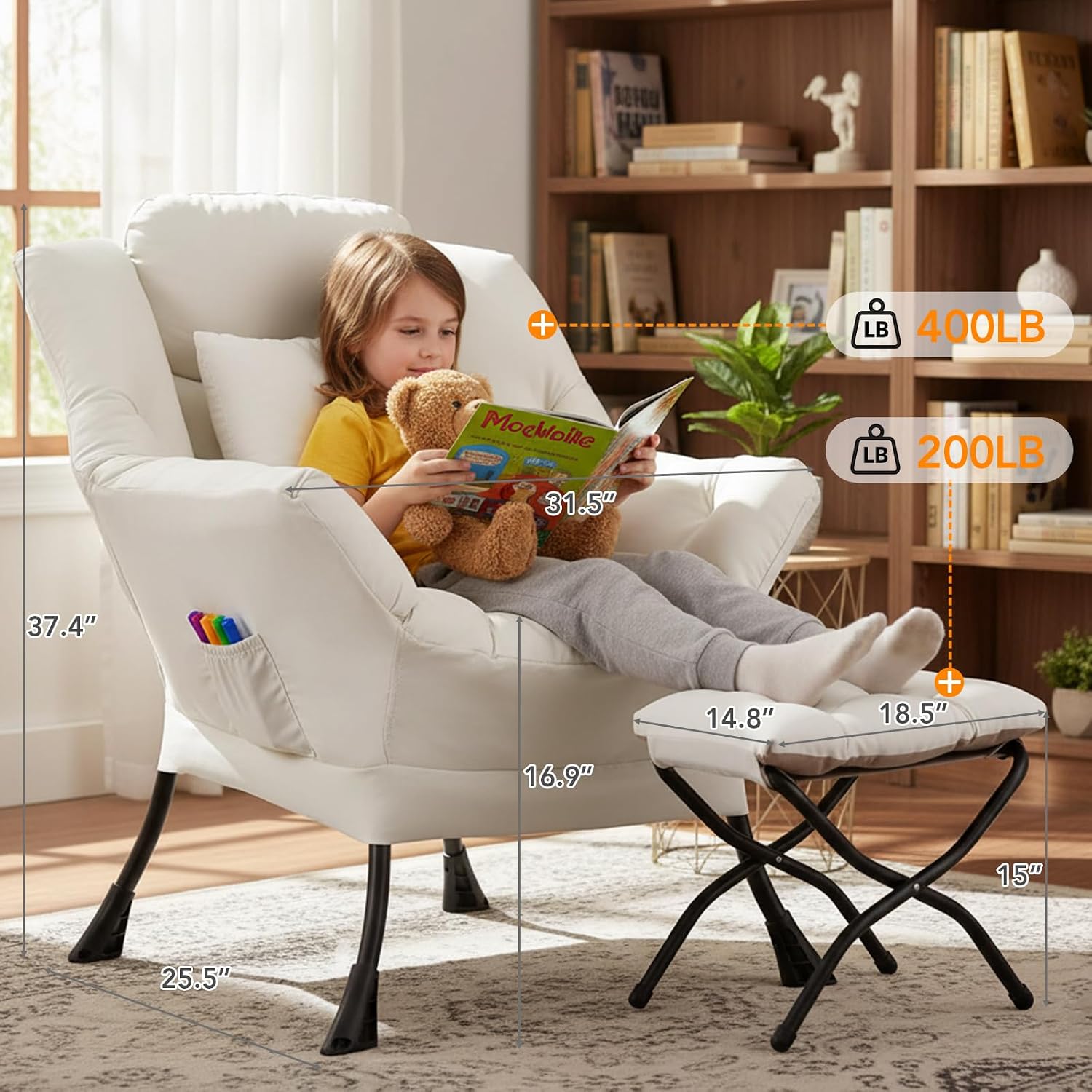 Lazy Chair with Ottoman, Large Accent Chair with Ottoman and a Throw Pillow, Beige Reading Chair for Living Room Bedroom Dorm Room Office Apartment Relaxing Use
