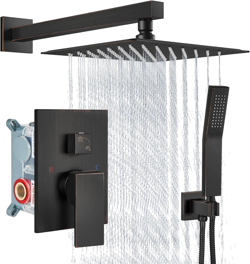 Aolemi Shower Faucet Set Rain Shower System with Handheld Spray Bathroom Shower Combo Rough-in Valve and Shower Trim Kit Included Oil Rubbed Bronze 10 Inch Wall Mount Shower Head