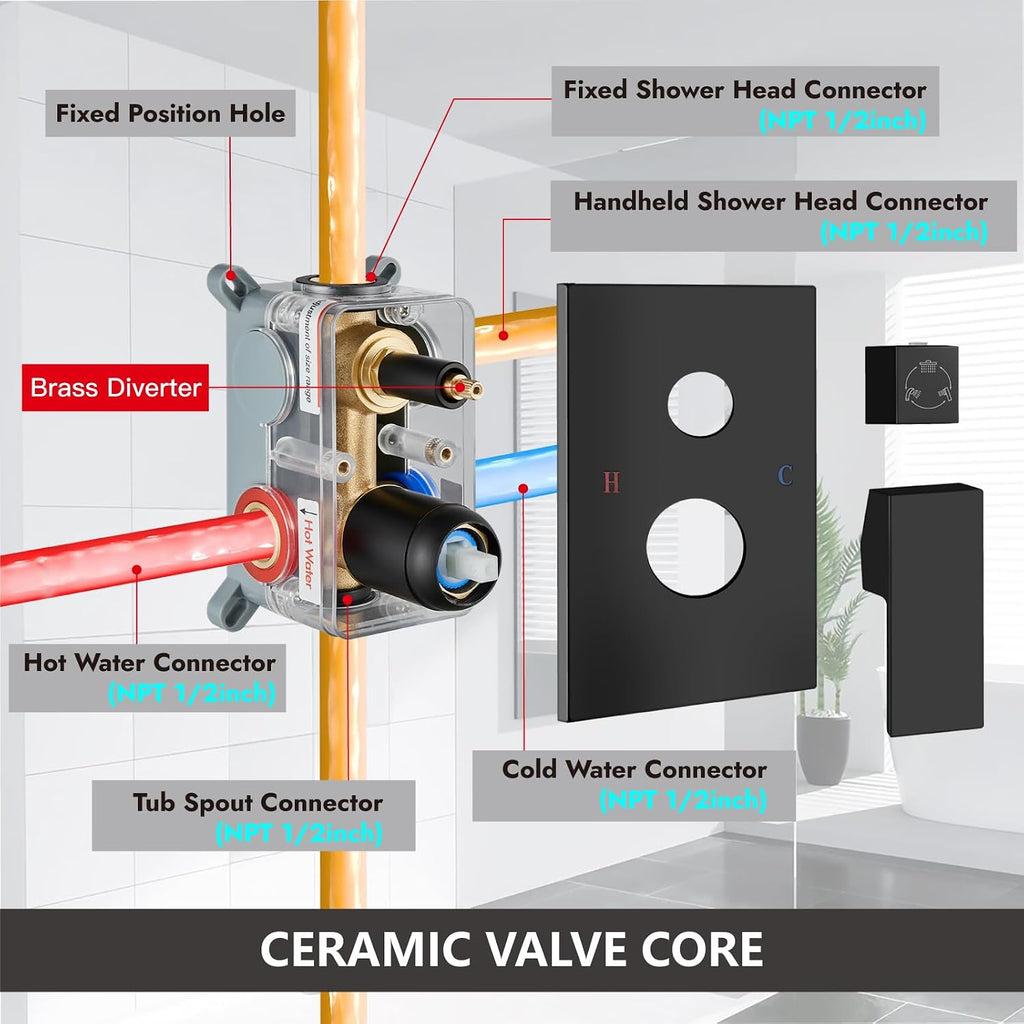 Midanya Shower System with Tub Spout,Bathtub Shower Faucet Set with Square Rainfall Head and Handheld Sprayer Wall Mount Tub Faucet Set with Valve and Trim Kit,12 Inch Matte Black