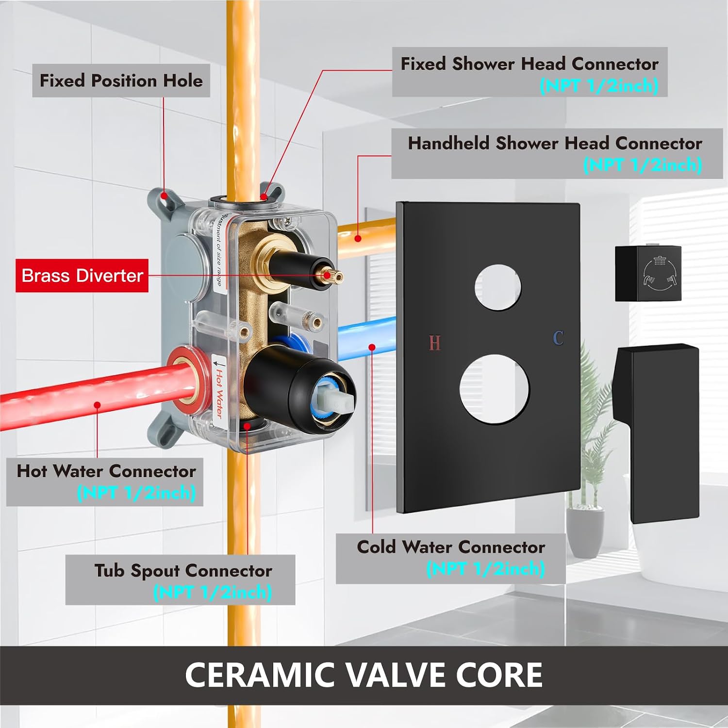 Midanya Shower System with Tub Spout,Bathtub Shower Faucet Set with Square Rainfall Head and Handheld Sprayer Wall Mount Tub Faucet Set with Valve and Trim Kit,12 Inch Matte Black