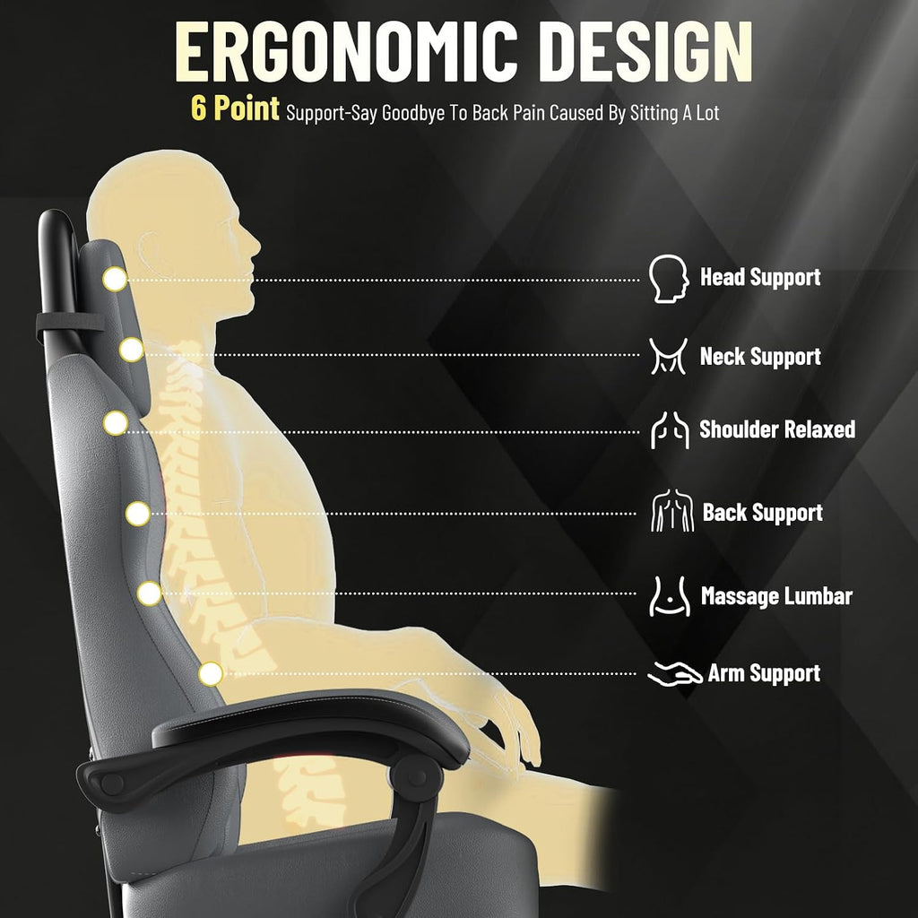 Ferghana PU Leather Gaming Chair with Wider Seat Cushion, Diamond Double-Stitching Ergonomic High Back Game Chair with Footrest, Computer Chair with Massage Lumbar Support for Adult, Gray/Black