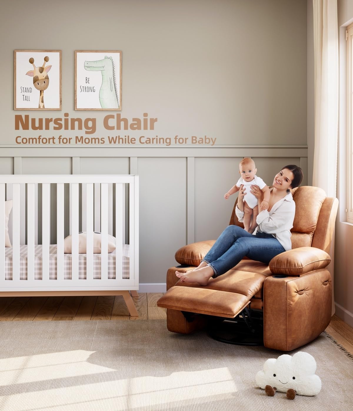 Oversized Recliner Chairs with Massage and Heat, Leather Recliner Chair for Adults, Manual Chair with Cup Holder for Living Room, Bedroom and Nursery (Coffee-1)