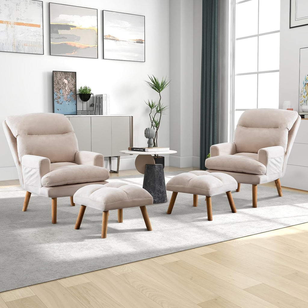 CANMOV Modern Accent Chair with Ottoman Set of 2, Soft Fabric Armchair with Adjustable Backrest and Side Pockets, Comfy Lounge Chair for Living Room, Bedroom, Apartment, Office, Beige