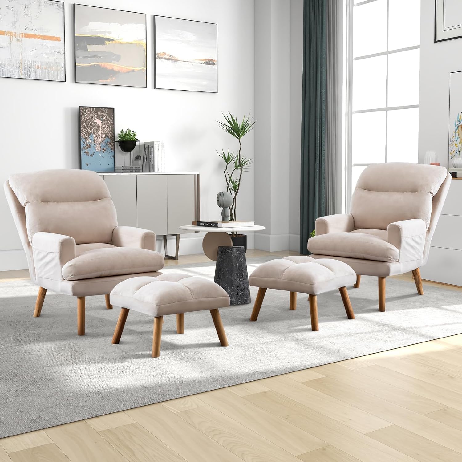 CANMOV Modern Accent Chair with Ottoman Set of 2, Soft Fabric Armchair with Adjustable Backrest and Side Pockets, Comfy Lounge Chair for Living Room, Bedroom, Apartment, Office, Beige