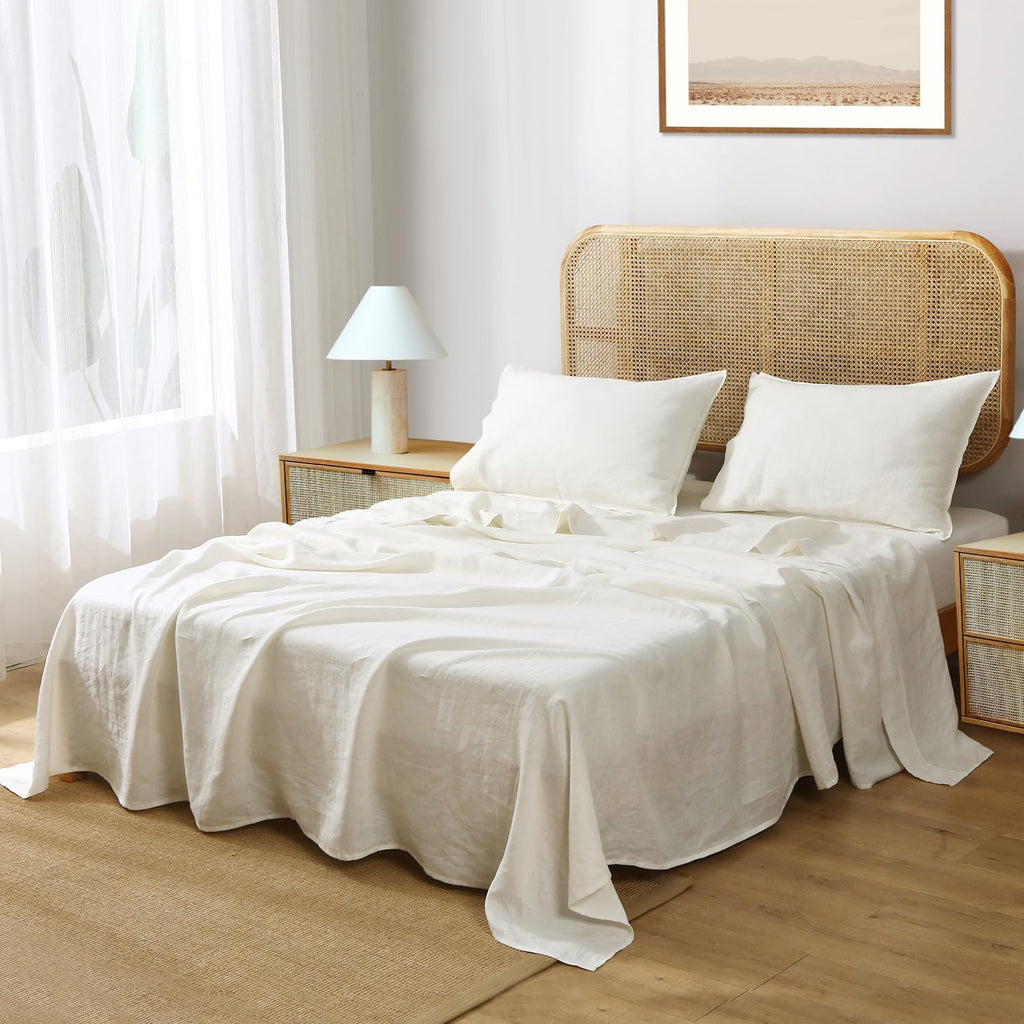 S VICTORY SYMBOL 100% Organic French Linen Sheets Set,Natural Linen Bed Sheets,Ultra Soft Stone Washed Flax Linen Sheet Set(Creamy-White,Queen)