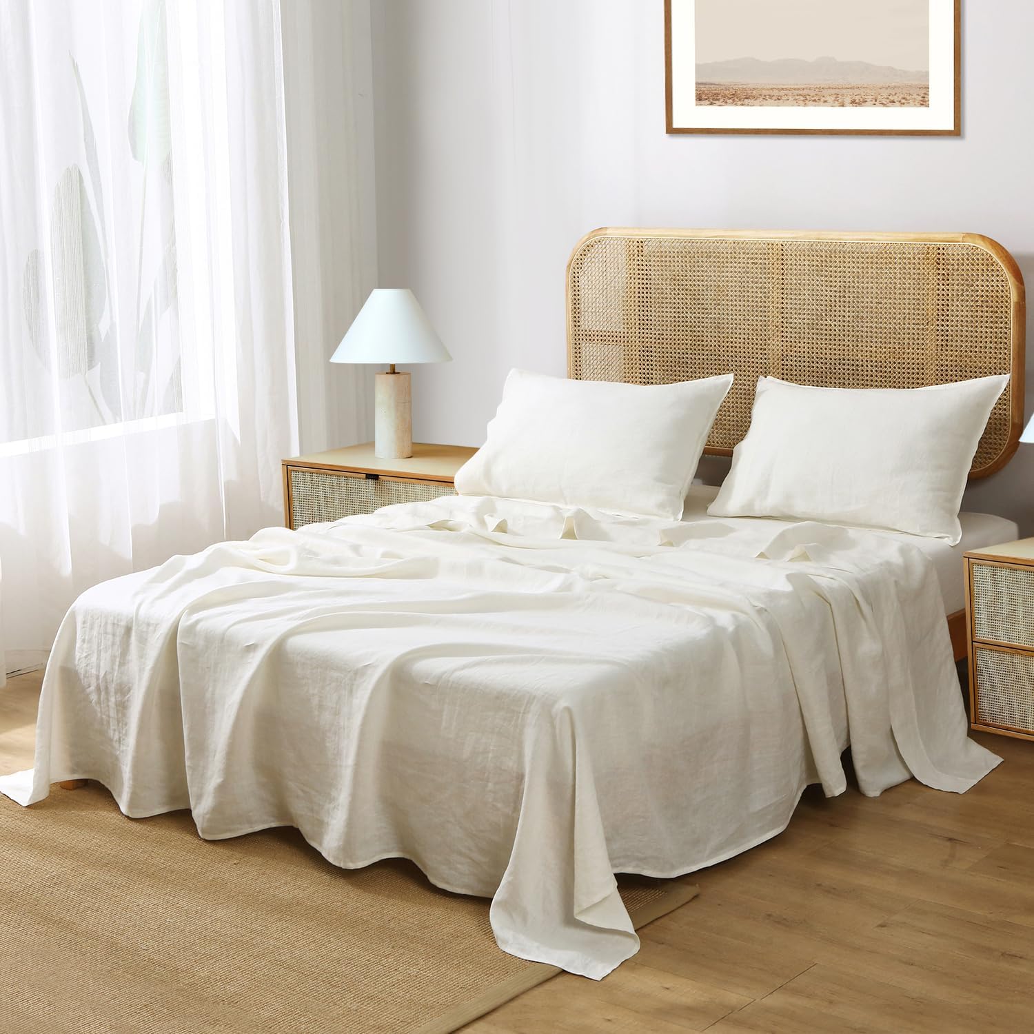 S VICTORY SYMBOL 100% Organic French Linen Sheets Set,Natural Linen Bed Sheets,Ultra Soft Stone Washed Flax Linen Sheet Set(Creamy-White,Queen)