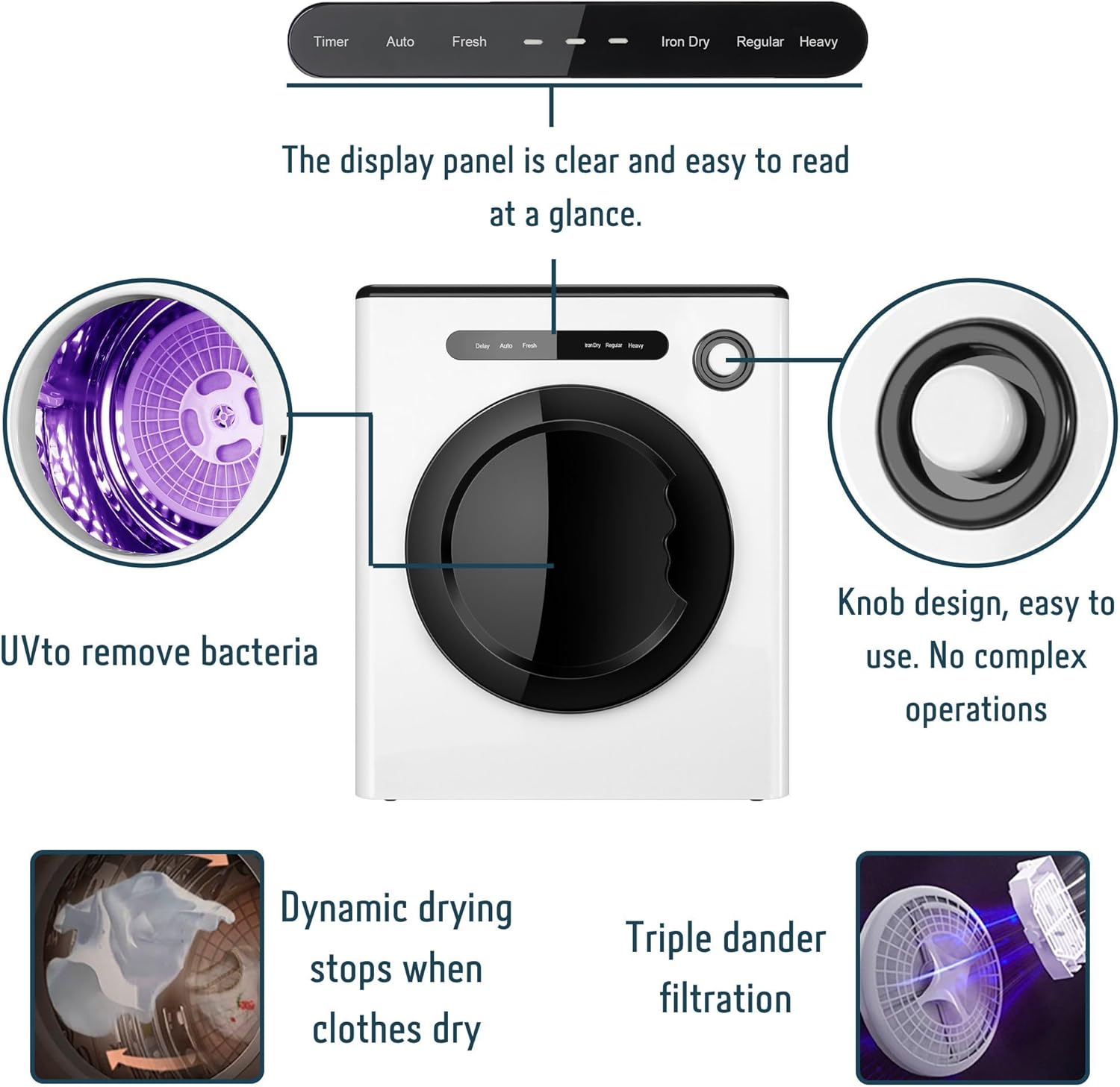 Dessiz 1.6 Cu.Ft.,11LBS Compact Dryer 950W Portable Clothes Dryer Machine with Stainless Steel Drum and Exhaust Hose,Dryer for RVs, Apartments,Dorm Rooms- Quiet, Sturdy,Easy to Use and LED Display