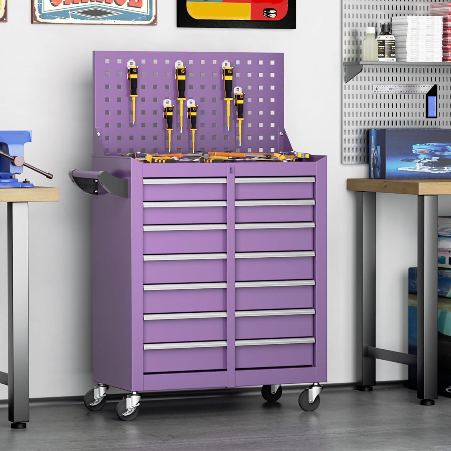INTERGREAT 7 Drawers Rolling Tool Box with Pegboard,Portable Tool Chest with Wheels, Tool Box Organizer with Locking System for Garage, Purple