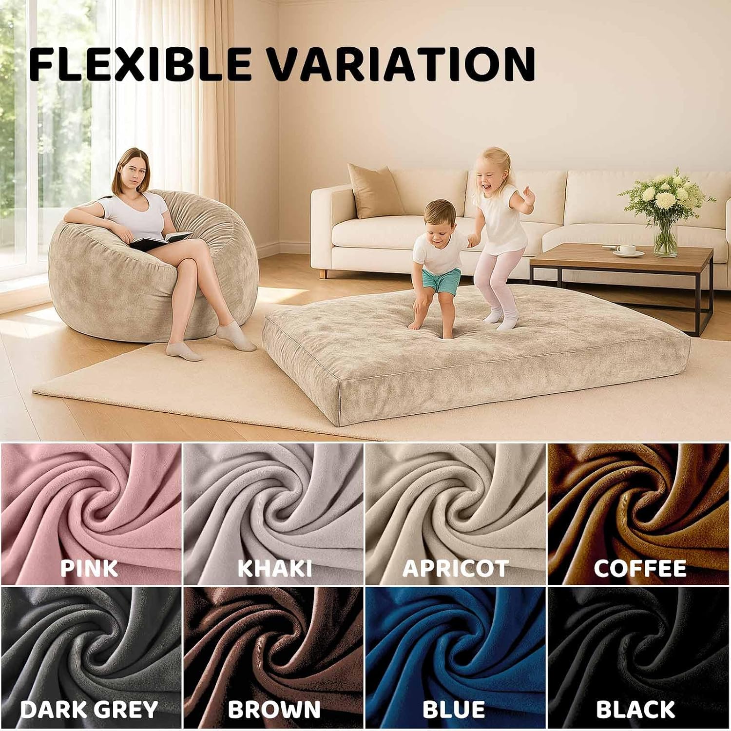 Adult Bean Bag Chair Bed, Bean Bag Sofa with Filling, Memory Foam, Comfortable Floor Sofa Bed, Boneless Floor Chair, Suitable for Living Room Bedroom Dormitory Balcony Lounge (Apricot, Chair Bed)