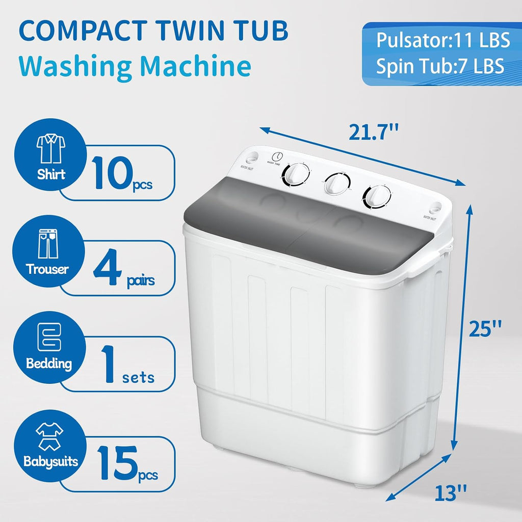 Erivess Compact Portable Mini Twin Tub 18lbs Washing Machine, Get Dry Rack and 10 hangers for free! Washer and Spin Cycle Combo, for Camping, Apartments, Dorms, RVs(Black)