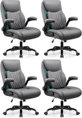 BESTFAIR Office Chair, Ergonomic Computer Desk Chairs with Lumbar Support for Lower Back Pain Relief, Executive Leather Home Chair Comfy with Padded Flip-up Armrests, Gray, 4-Pack