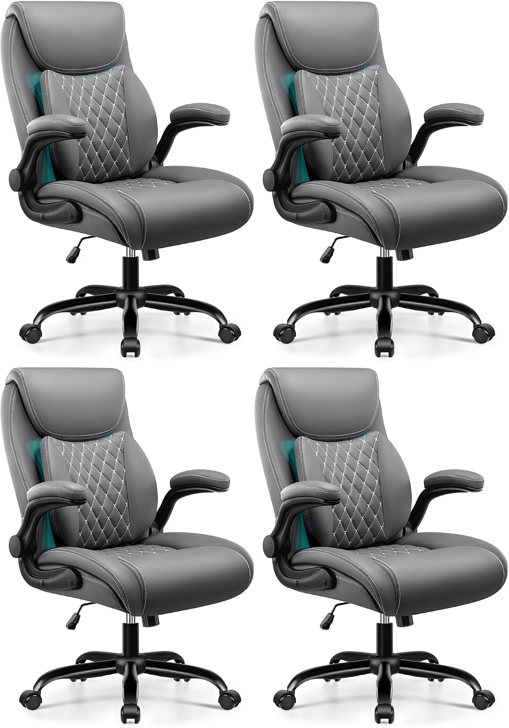 BESTFAIR Office Chair, Ergonomic Computer Desk Chairs with Lumbar Support for Lower Back Pain Relief, Executive Leather Home Chair Comfy with Padded Flip-up Armrests, Gray, 4-Pack