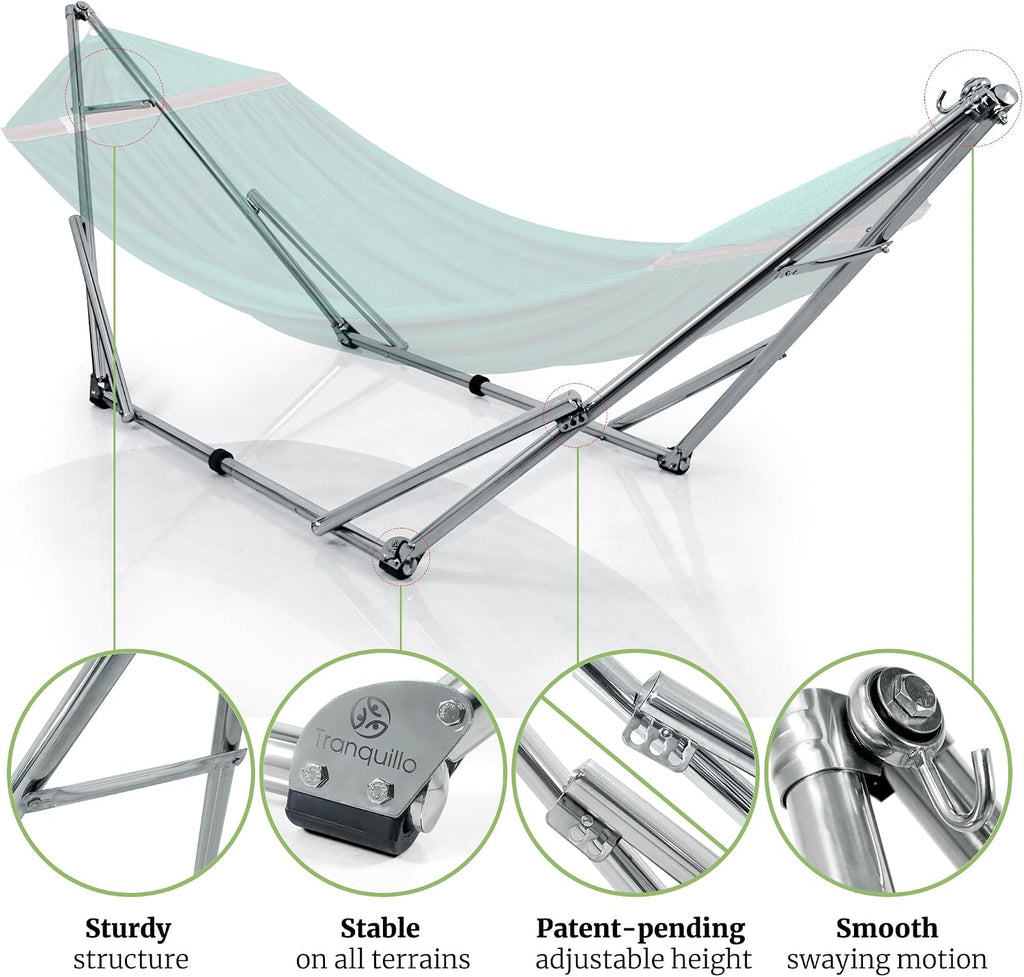 Tranquillo Double Hammock with Stand 650lb Capacity Double Hammock with Spreader Bar, Solid Grade 201 Stainless Steel 30s Set Up, Sturdy Flexible Hammock Stand Portable, Outdoor Indoor, Peacock