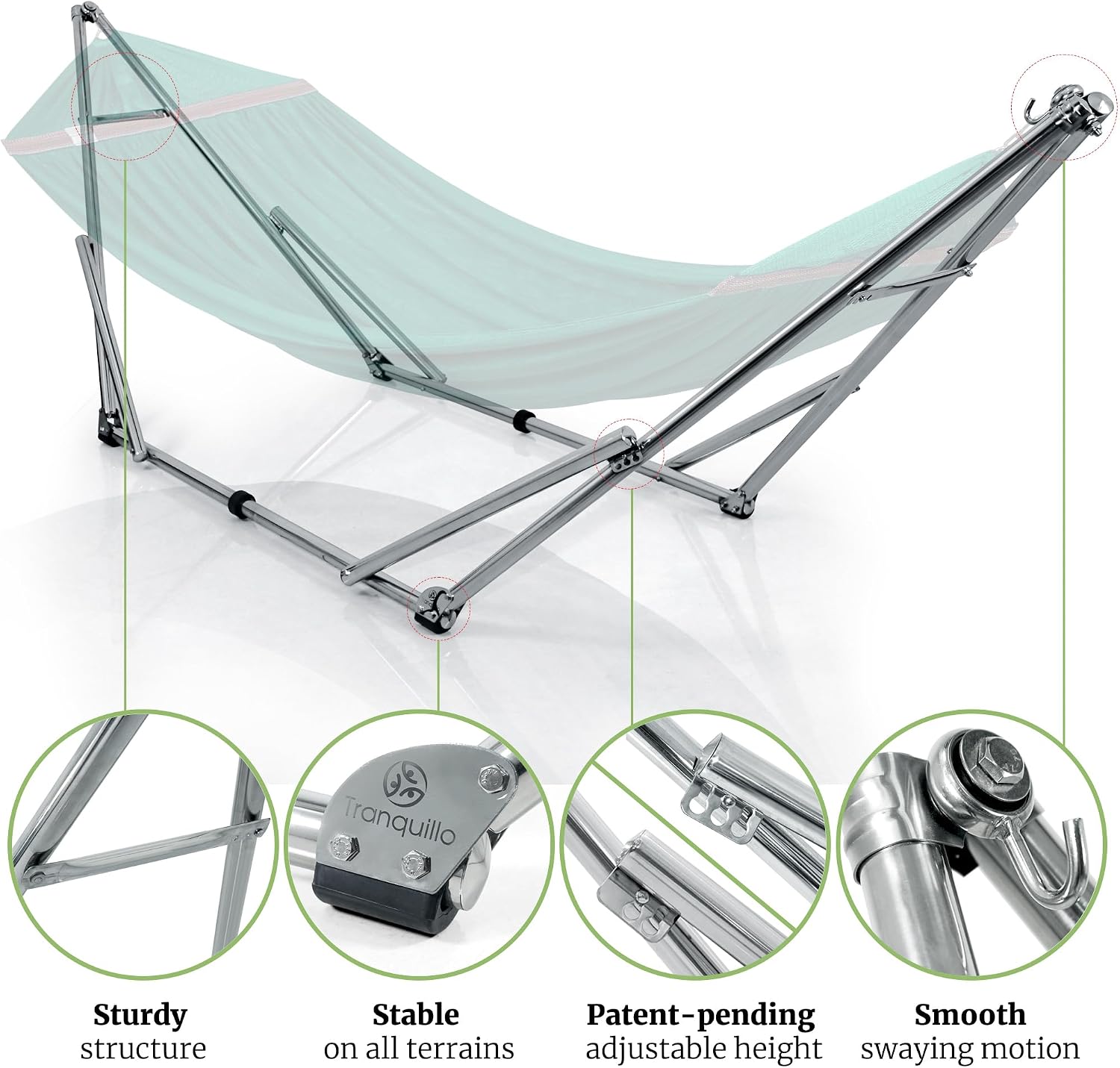 Tranquillo Double Hammock with Stand 650lb Capacity Double Hammock with Spreader Bar, Solid Grade 201 Stainless Steel 30s Set Up, Sturdy Flexible Hammock Stand Portable, Outdoor Indoor, Peacock