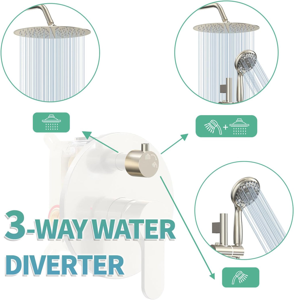 SR SUN RISE 12 Inch Rain Shower System, High Pressure Shower Heads and Handheld 6-Spray Combo Set Slide Bar Shower Faucets Sets Complete Included Valve and Trim Kit for Bathroom, Brushed Nickel