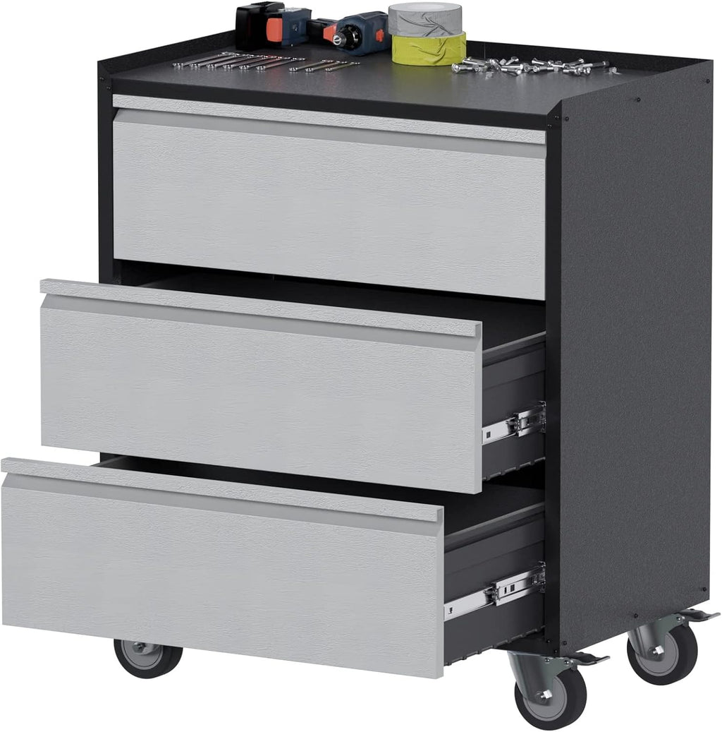 3 Drawer Garage Storage Cabinet on Wheels, Small Metal Tool Cabinet with Drawers, Tool Chest for Home, Office, Workshop, Utility Room, Assembly Required, Black/Gray