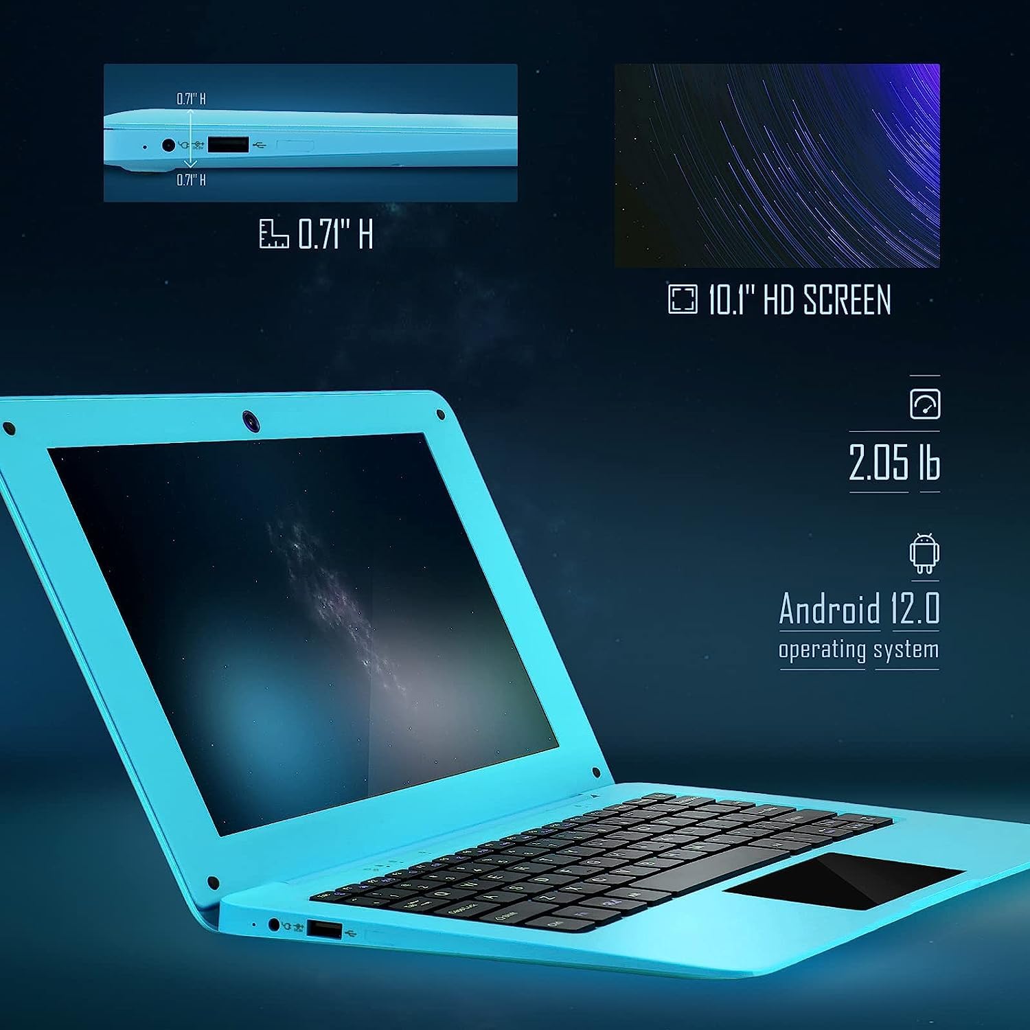 CHIBBS Laptop Computer- 10.1' Inch Kids Laptop Computer Powered by Android 12.0 -Quad Core Processor- 2+64gb ROM-Camera- Bluetooth- 2*USB- WiFi- Blue