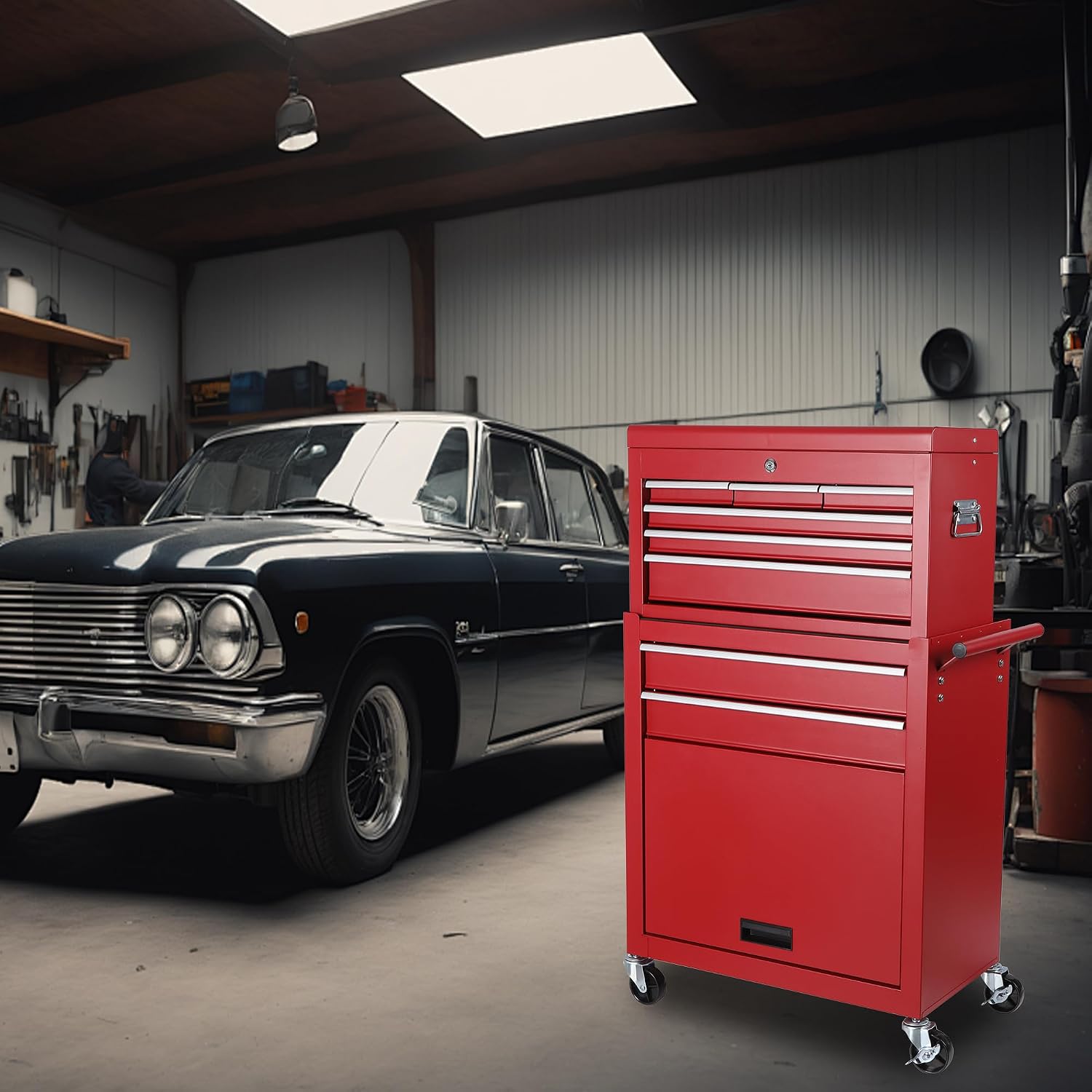 Tool Chest, 8-Drawer Rolling Tool Storage Cabinet with 2 in 1 Detachable Top Tool Box, Liner, Lockable Wheels, Side Hooks,Metal Tool Cart for Garage (8-Drawer Red)