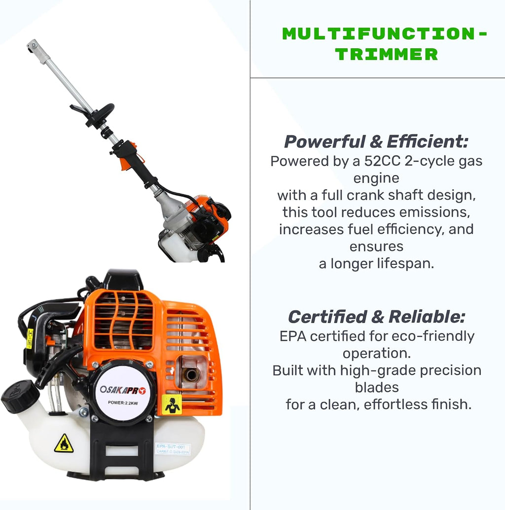 52cc 2-Cycle Gas Multi-Trimmer | 12-in-1 String Trimmer w/Rotatable 40' Pole Saw, Weed Eater Weed Wacker, Brush Cutter & Hedge Trimmer Gas for Lawn, Yard, Garden Care, All-in-one Garden Tool