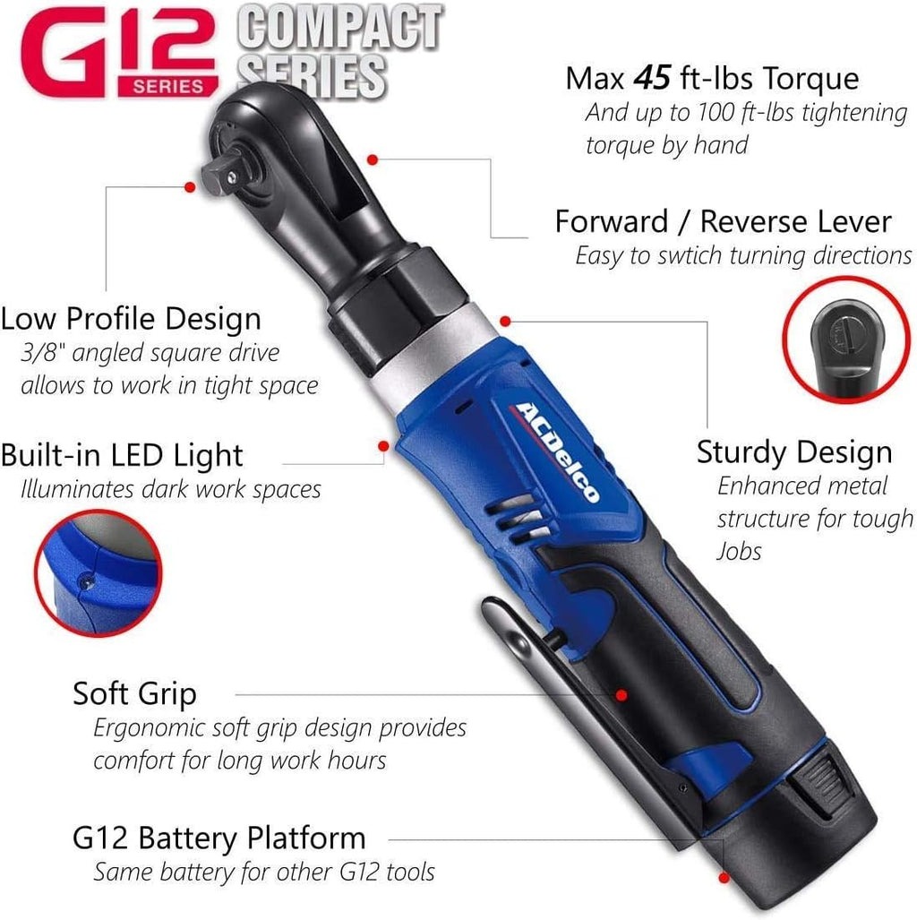 ACDelco G12 Series 12V Li-ion Cordless Rachet & Impact Wrench Combo Tool Kit with 3/8' Drive, LED Lights, Batteries & Chargers