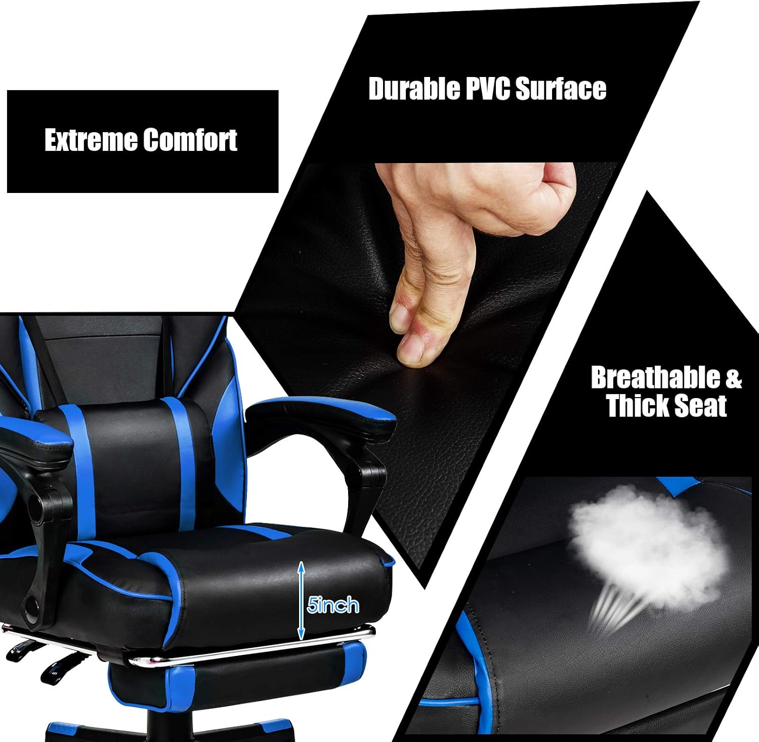POWERSTONE Gaming Chair Adjustable High Back PU Computer Chair with Footrest Massage Lumbar Support Headrest Thick Armrest Rolling Swivel Desk Chair, Navy Blue