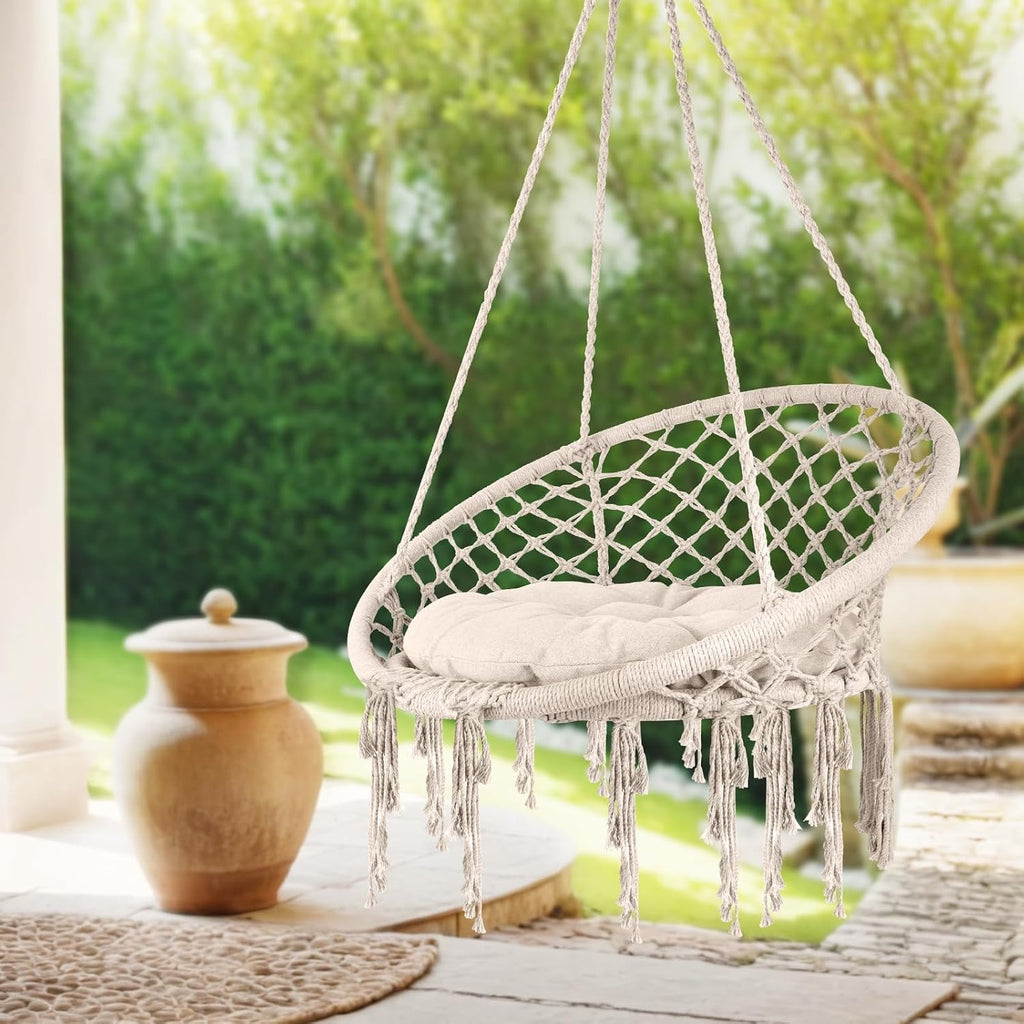 Hammock Chair, 330Lbs Swing Chair for Bedroom, Swing Chair with Comfy Cushion, Hanging Chair, for Bedroom, Porch, Adults, Balcony (Beige 3PCS)
