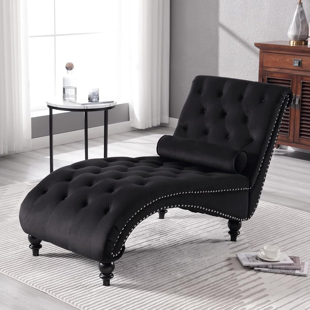 Velvet Chaise Lounge Indoor,Button-Tufted Upholstered Chaise Lounge Chair with Pillow for Bedroom Living Room Office Modern Backrest Leisure Recliner Sleep Sofa,Black