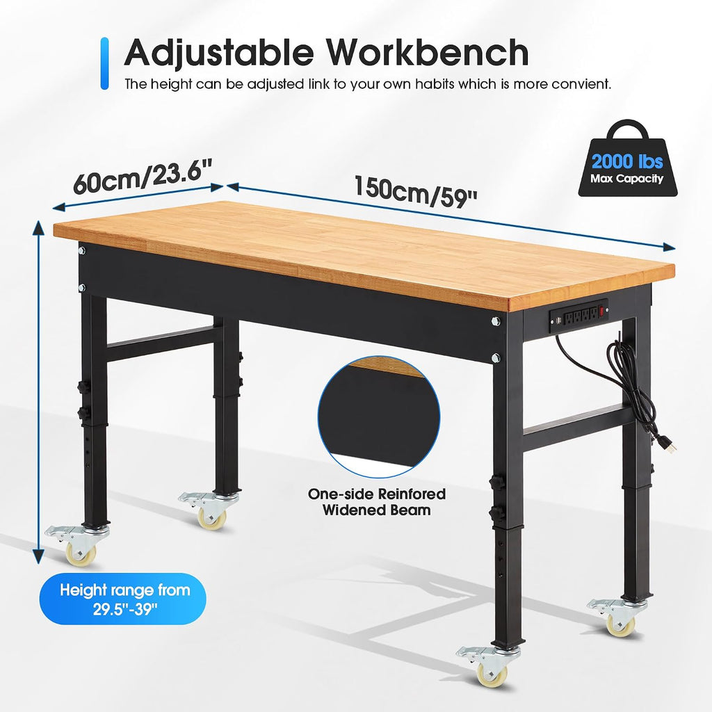 60'' Adjustable Workbench, 2000 LBS Load Capacity Heavy Duty Workstation with Power Outlets, Rubber Wood Top Worktable for Garage, Office,Workshop, Commercial