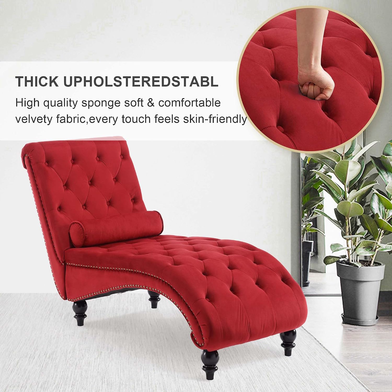 Velvet Chaise Lounge Indoor, Button-Tufted Upholstered Chaise Lounge Chair with Pillow for Bedroom Living Room Office Modern Backrest Leisure Recliner Sleep Sofa (Red)