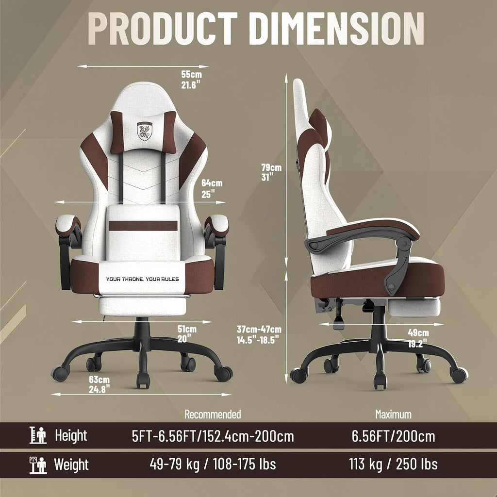 Soontrans Linen Fabric Beige and Brown Gaming Chair with Footrest, Ergonomic Computer Chair with Massage Lumbar Pillow,Gamer Chair with Adjustable Headrest, Comfortable Office Chair for Home & Gaming
