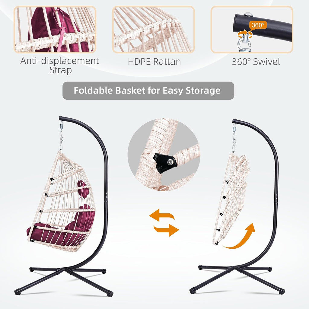 KEIKI Egg Chair with Stand & Cushion, Foldable Rattan Hanging Basket Chair for Indoor & Outdoor, 350LBS Capacity Hammock Swing Chair for Patio, Bedroom, or Balcony, Black & Rose Red