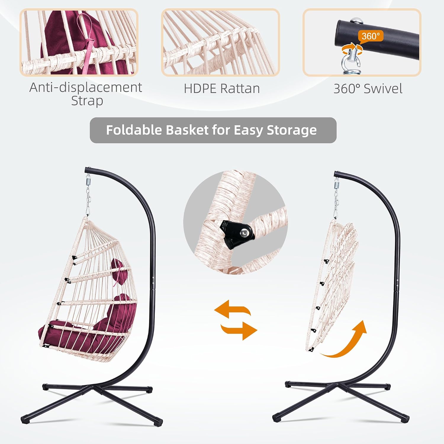 KEIKI Egg Chair with Stand & Cushion, Foldable Rattan Hanging Basket Chair for Indoor & Outdoor, 350LBS Capacity Hammock Swing Chair for Patio, Bedroom, or Balcony, Black & Rose Red