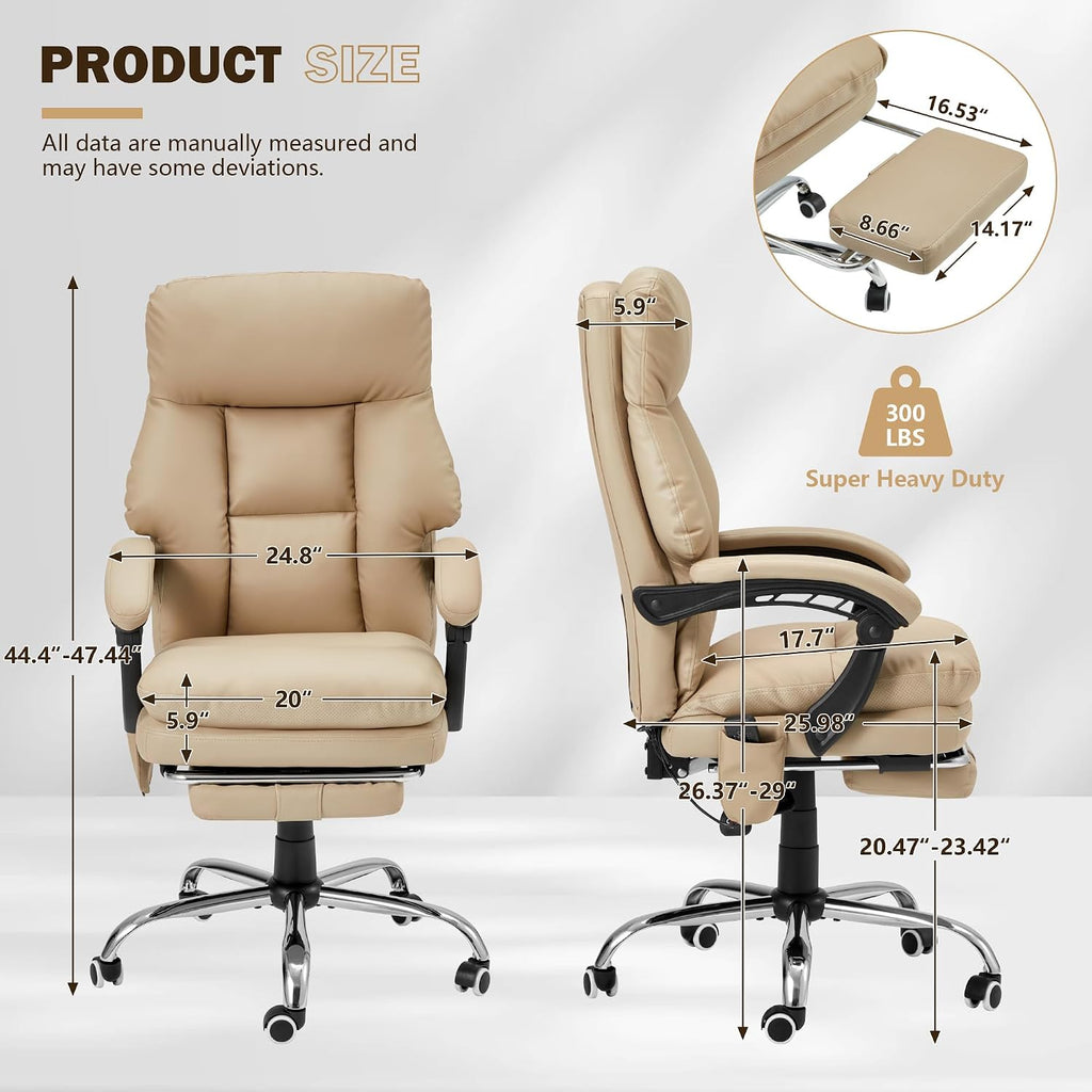 HOMREST Ergonomic Office Chair with 6-Point Massage & Heating, Adjustable Executive Desk Chair with Retractable Footrest, PU Leather Home Office Desk Chair for Home & Office (Khaki)