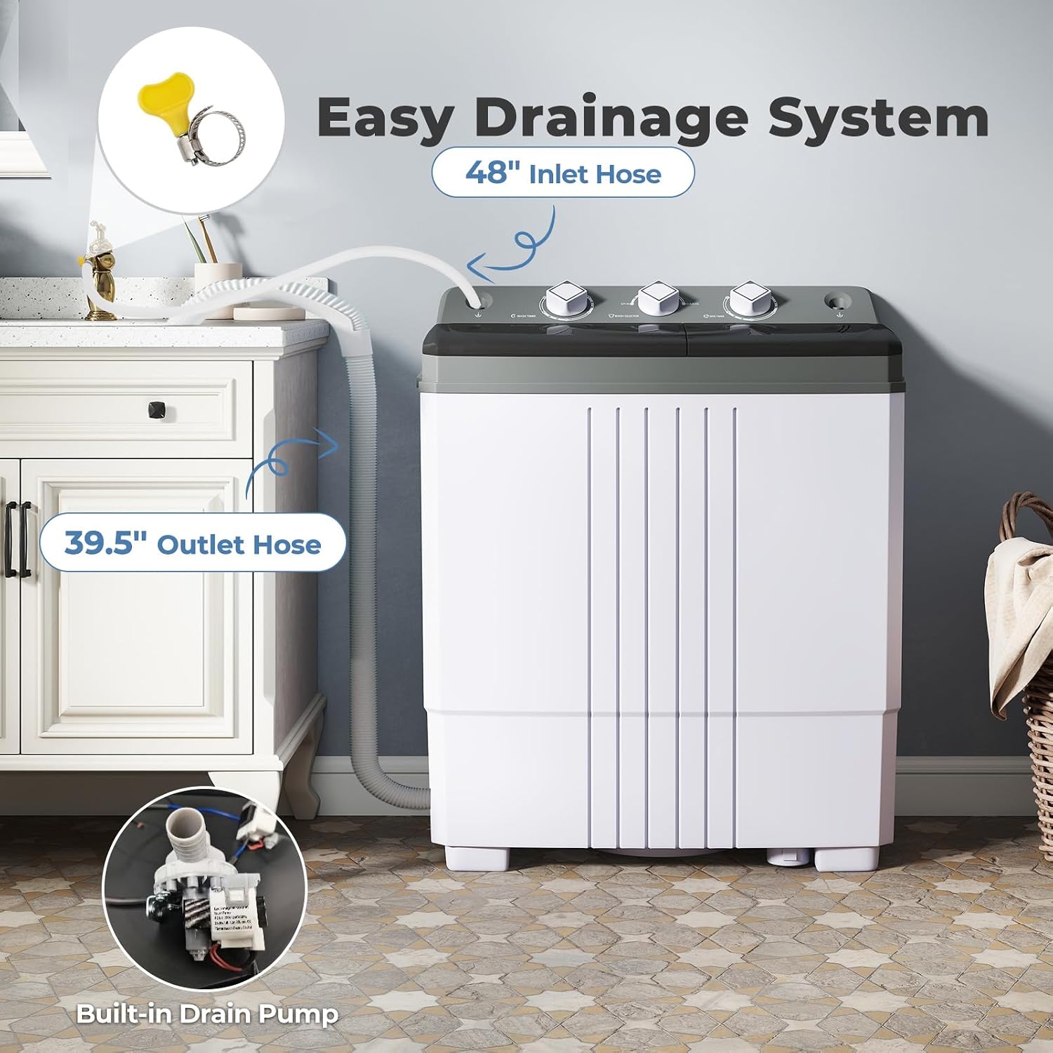Giantex Portable Washing Machine, 20 LBS Washer & Spinner Combo with Built-in Drain Pump & Time Control, Compact Twin Tub 12 LBS Washing & 8 LBS Spin Drying for Apartment Dorm RV (Grey+White)