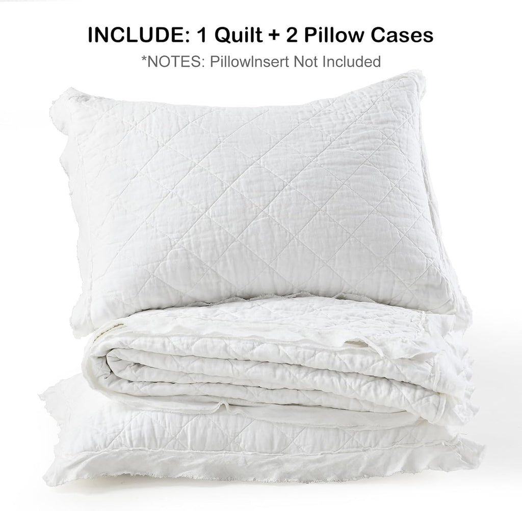 HORIMOTE HOME 100% Linen Front/100% Cotton Back Quilt Set Queen Size, White Pre-Washed European Flax Linen Quilt, Diamond Stitch Bedspread Coverlet Bedding Set 3-Piece for All Seasons
