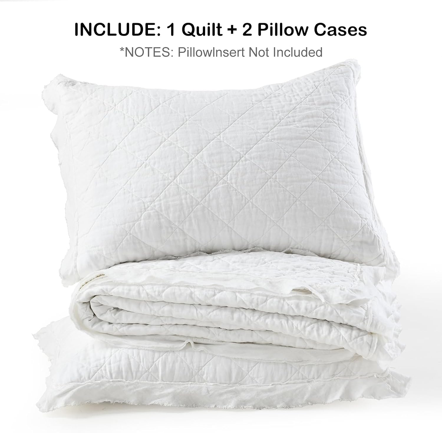 HORIMOTE HOME 100% Linen Front/100% Cotton Back Quilt Set Queen Size, White Pre-Washed European Flax Linen Quilt, Diamond Stitch Bedspread Coverlet Bedding Set 3-Piece for All Seasons