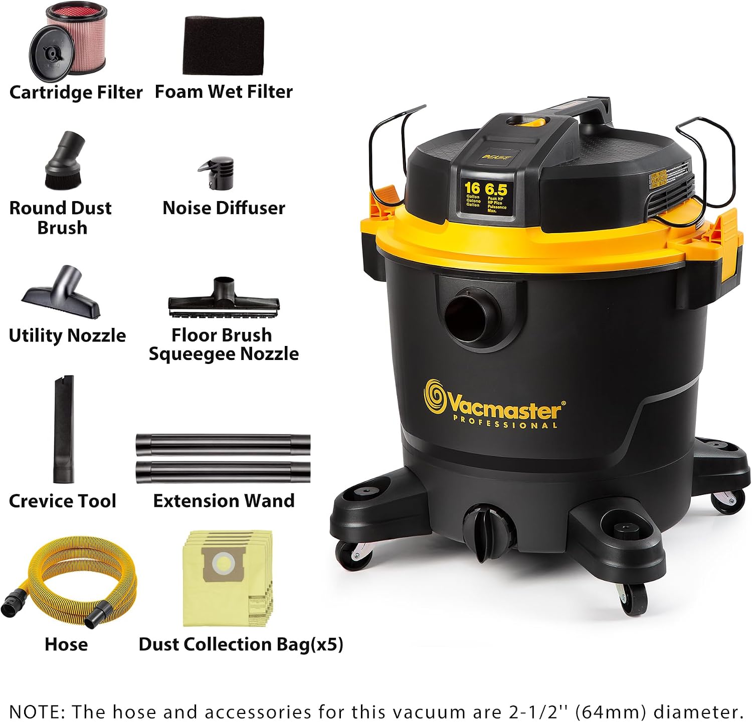 Vacmaster Professional Beast Series 16-Gallon 6.5 Peak HP Wet/Dry Vacuum- VJH1612PF 0203