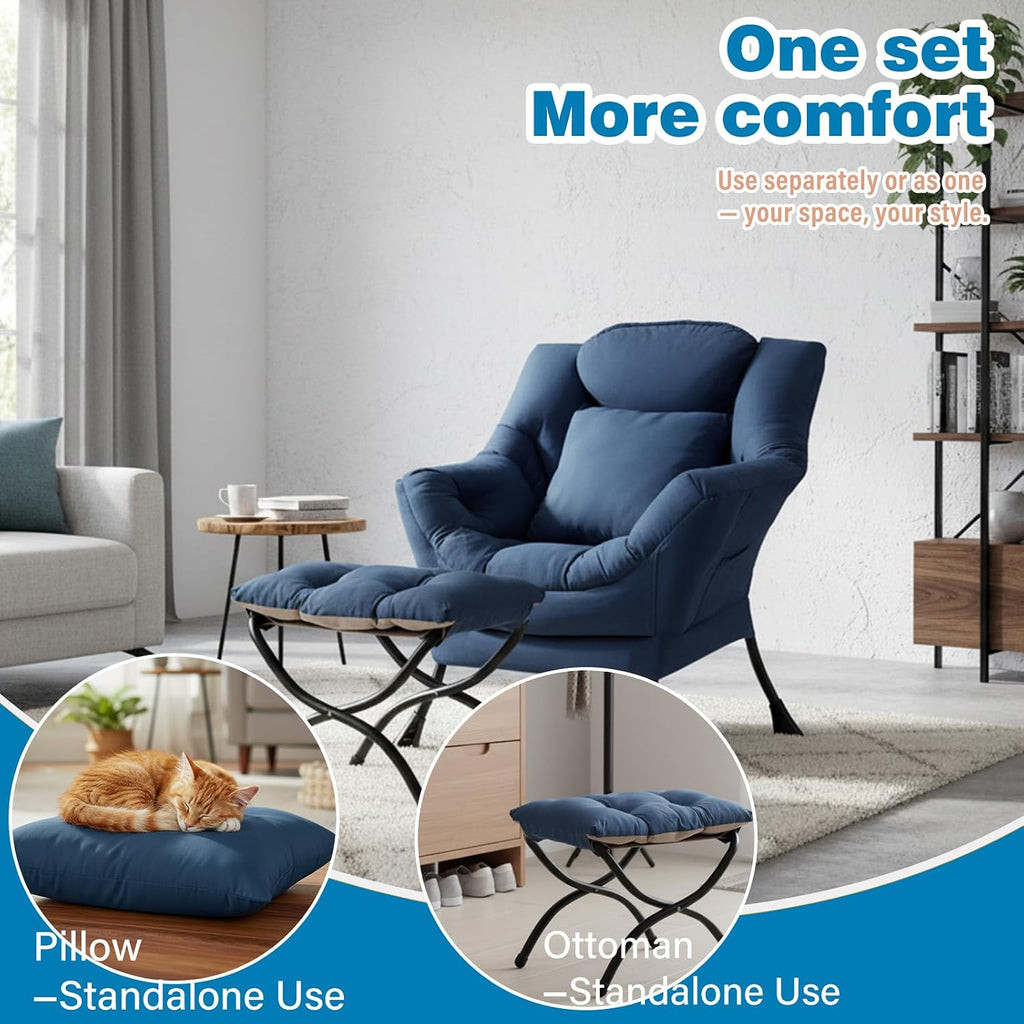 Lazy Chair with Ottoman, Reading Chair with a Pillow, Leisure Sofa Armchair with Ottoman, Large Accent Chair for Bedroom, Living Room, Dorm Room, Peach Royal Blue