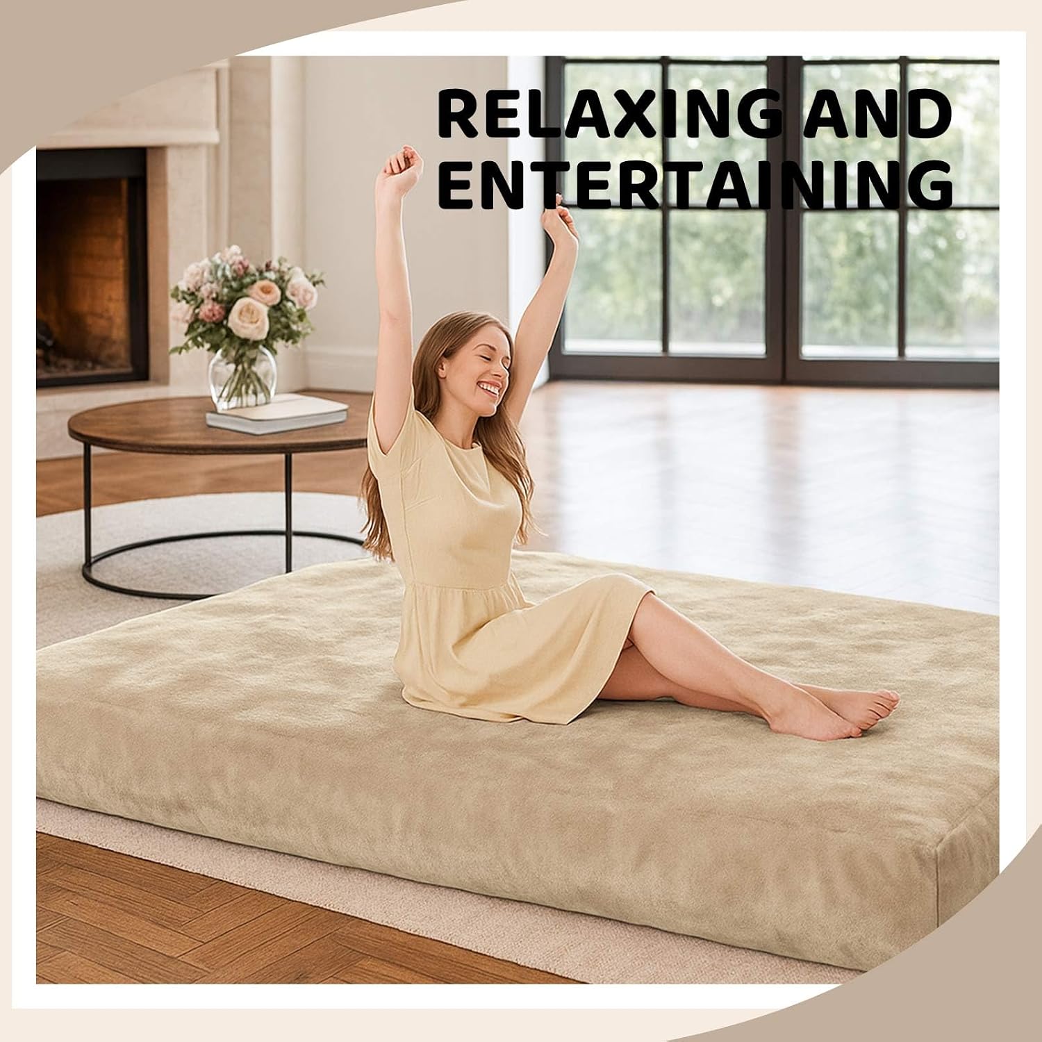 Adult Bean Bag Chair Bed, Bean Bag Sofa with Filling, Memory Foam, Comfortable Floor Sofa Bed, Boneless Floor Chair, Suitable for Living Room Bedroom Dormitory Balcony Lounge (Apricot, Chair Bed)