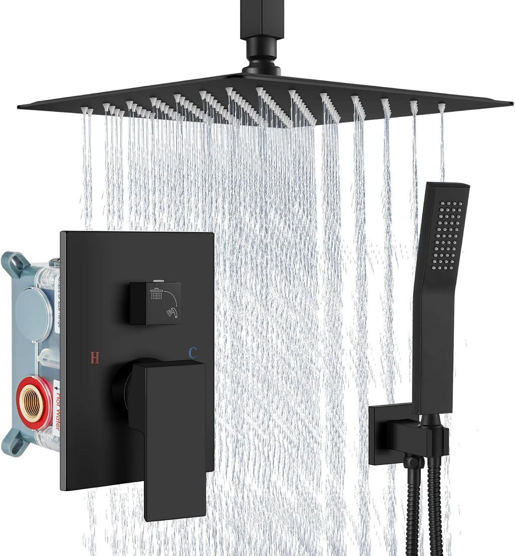 Aolemi Ceiling Mount Shower System Rain Shower Head with Handheld Spray High Pressure Shower Faucet Set Rough-in Valve Shower Trim Kit Included Bathroom Matte Black 12 Inch Ceiling Shower Head