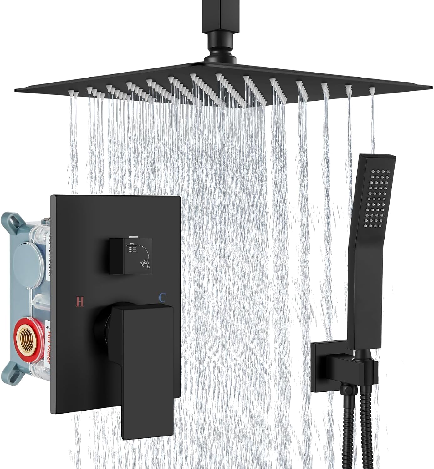 Aolemi Ceiling Mount Shower System Rain Shower Head with Handheld Spray High Pressure Shower Faucet Set Rough-in Valve Shower Trim Kit Included Bathroom Matte Black 12 Inch Ceiling Shower Head