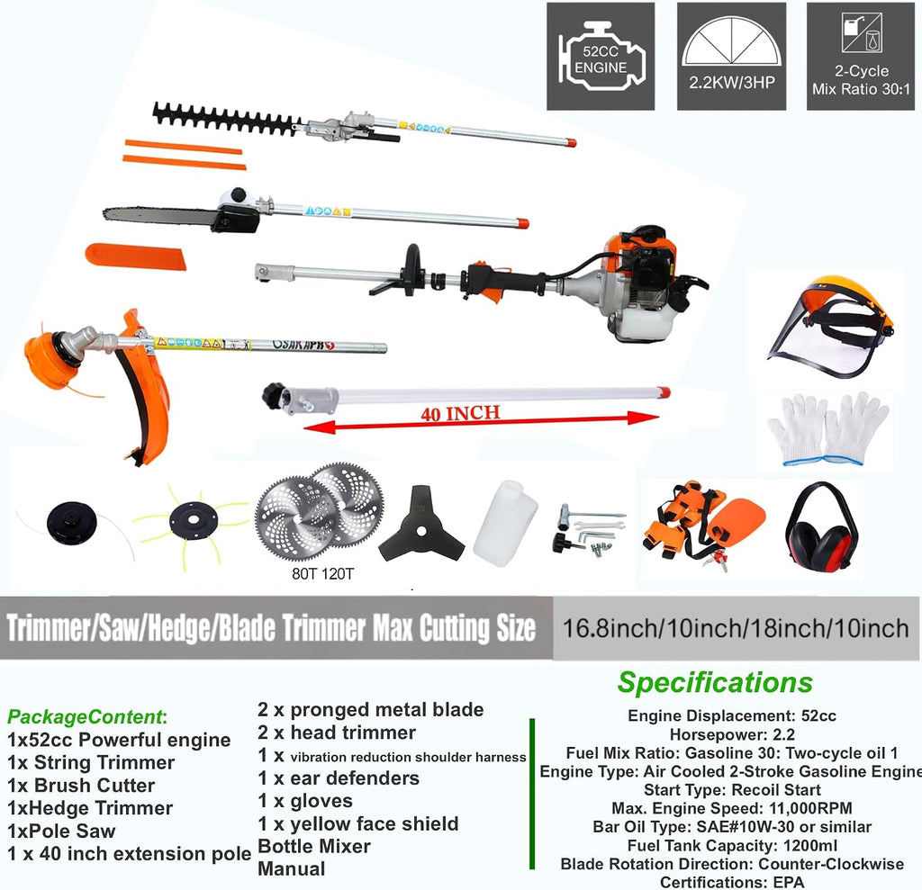 52cc 2-Cycle Gas Multi-Trimmer | 12-in-1 String Trimmer w/Rotatable 40' Pole Saw, Weed Eater Weed Wacker, Brush Cutter & Hedge Trimmer Gas for Lawn, Yard, Garden Care, All-in-one Garden Tool