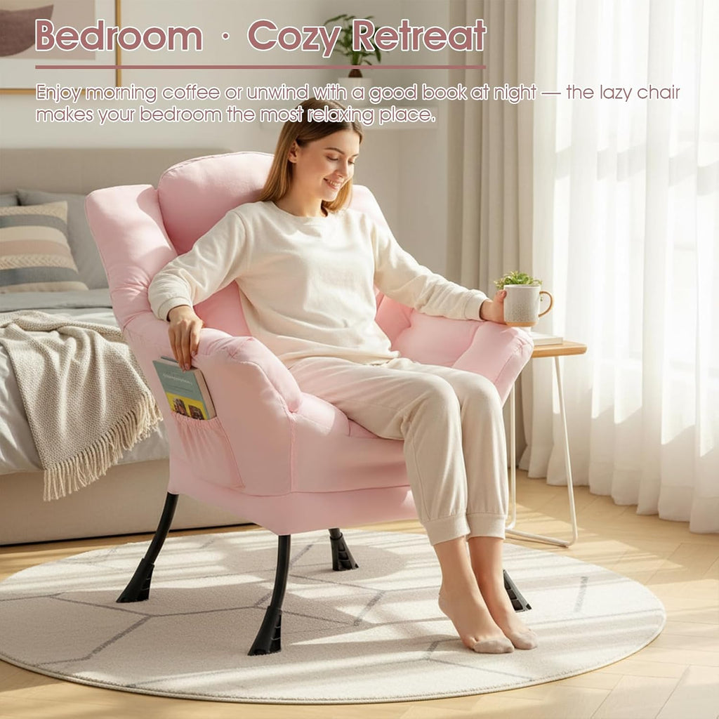Lazy Chair for Living Room, Large Pink Accent Chair with a Throw Pillow, Leisure Sofa Chair Set, Comfy Reading Chair for Bedroom, Dorm Room, Office
