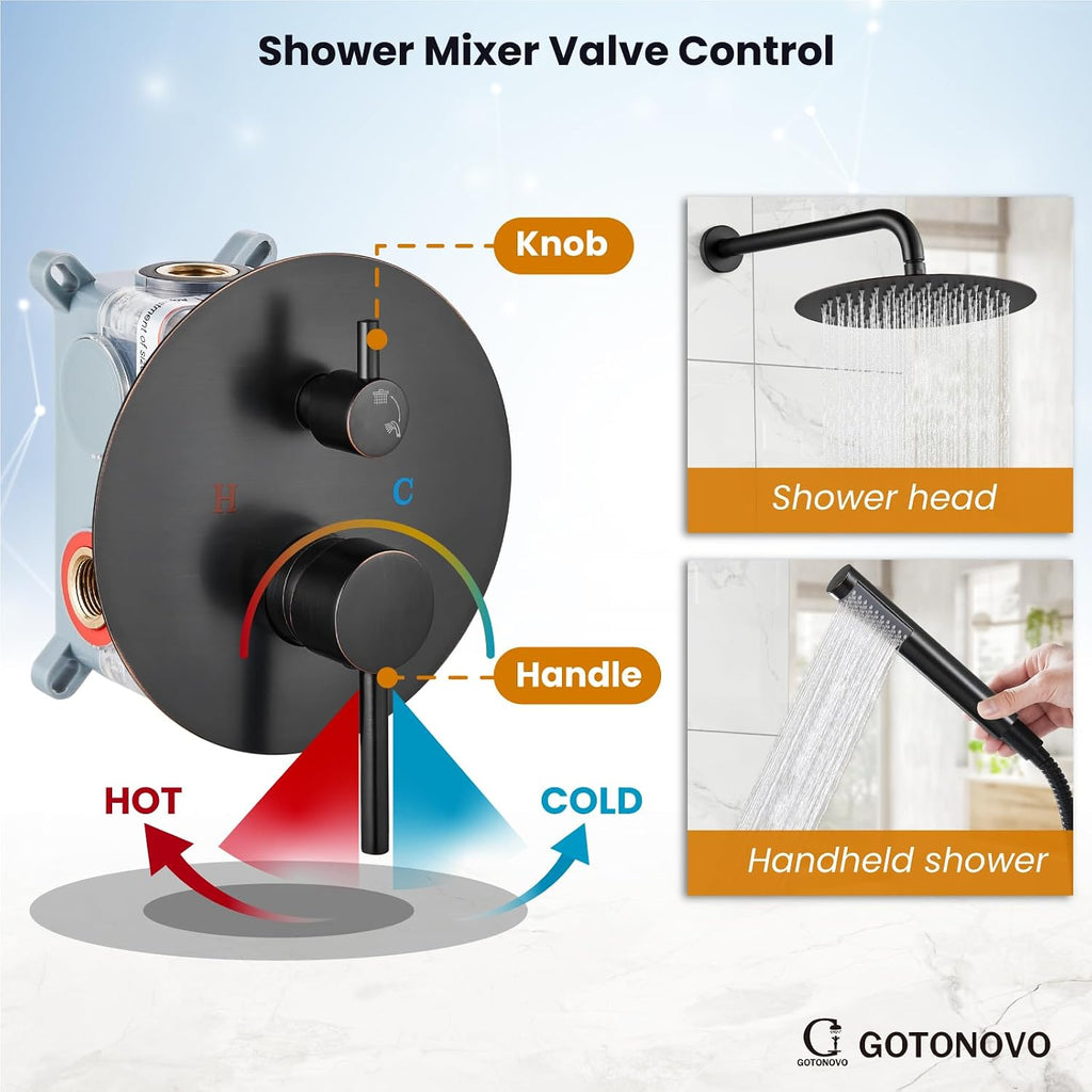 gotonovo Shower System 10 Inch Round Rainfall Showerhead Wall Mounted High Pressure Shower Faucet Set Fixture Combo with Rough in Valve and Cylindrical Handheld Spray, Oil Rubbed Bronze