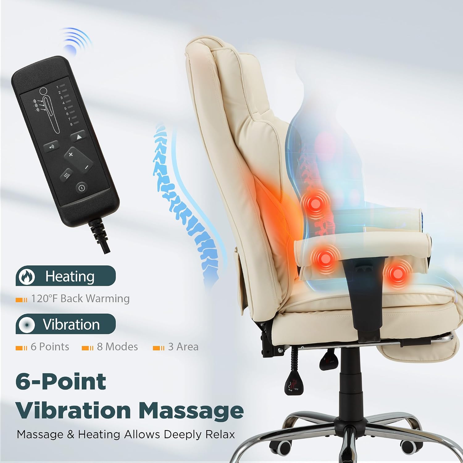 HOMREST Ergonomic Executive Office Chair, 6-Point Massage Manager Chair with Heating Function, Adjustable Backrest Home Office Chair with Adjustable Footrest and Armrests (Beige)
