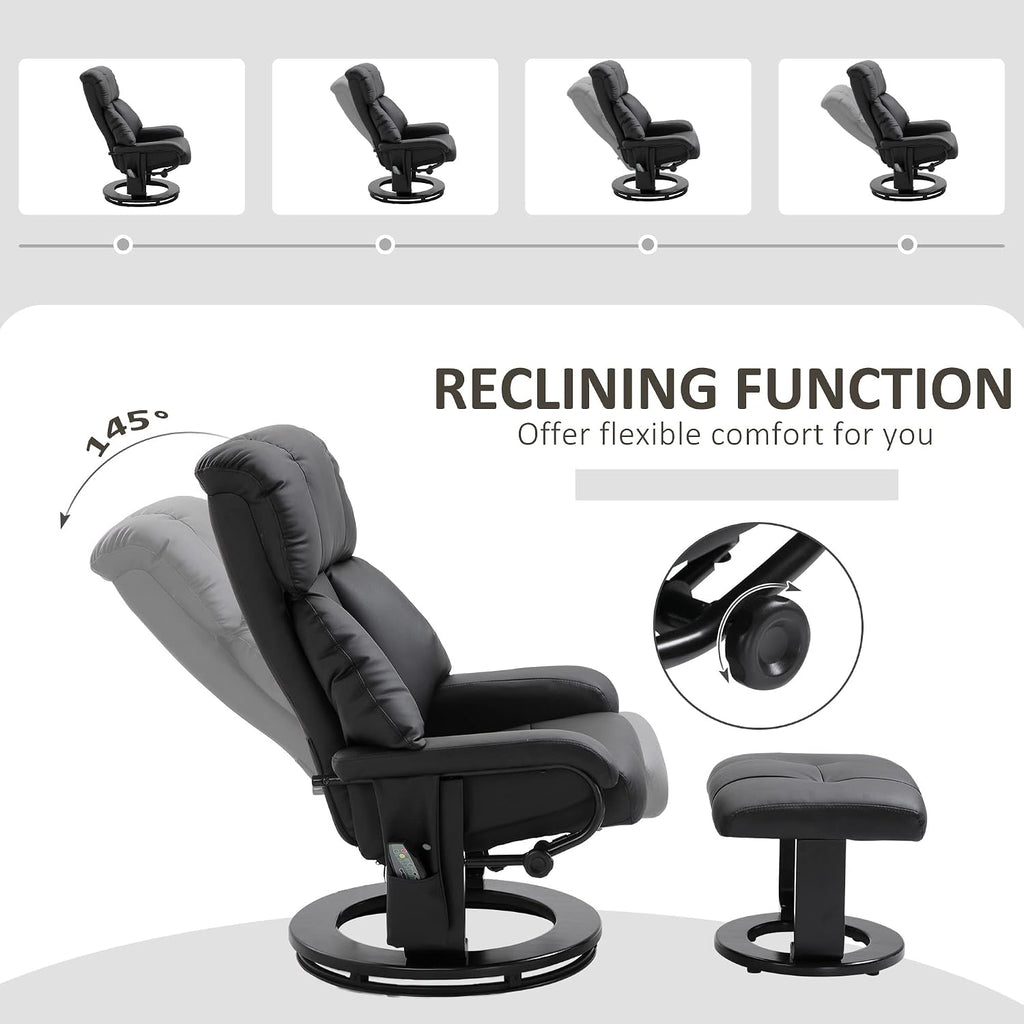 HOMCOM Massage Recliner Chair with Ottoman, 360° Swivel Recliner and Footstool, 10 Point Vibration, PU Leather Reclining Chair with Side Pocket and Remote Control, Black