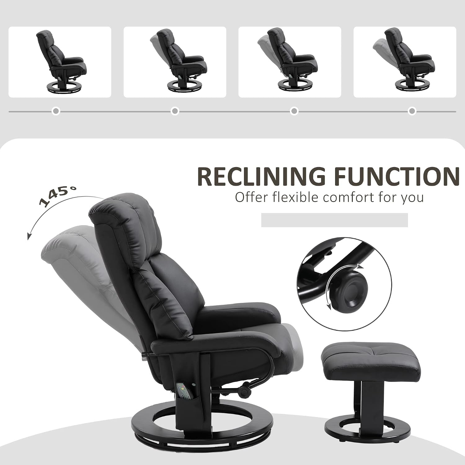 HOMCOM Massage Recliner Chair with Ottoman, 360° Swivel Recliner and Footstool, 10 Point Vibration, PU Leather Reclining Chair with Side Pocket and Remote Control, Black