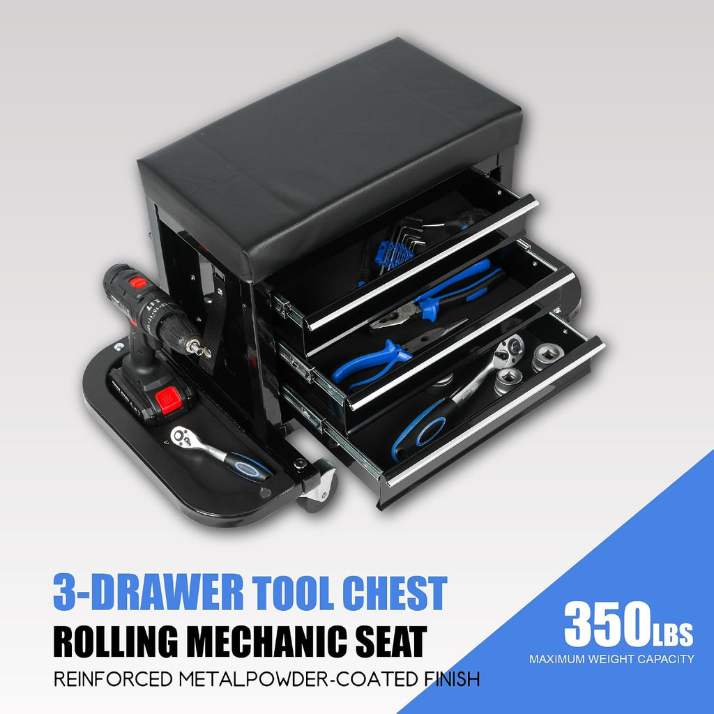 3-Drawer Tool Chest Rolling Mechanic Seat with Tool Trays, Rolling Tool Chest for Mechanics - Heavy-Duty Steel Construction, Padded Seat, Storage Tank, 350lbs Max Weight Capacity