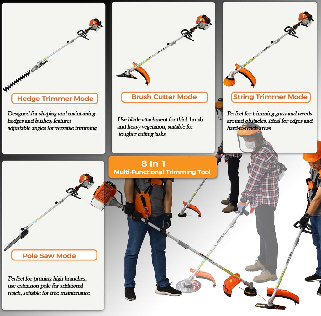 56cc 2-Cycle Gas Multi-Trimmer | 8-in-1 String Trimmer w/Rotatable 40' Pole Saw, Weed Eater Weed Wacker, Brush Cutter & Hedge Trimmer Gas for Lawn, Yard, Garden Care, All-in-one Garden Tool